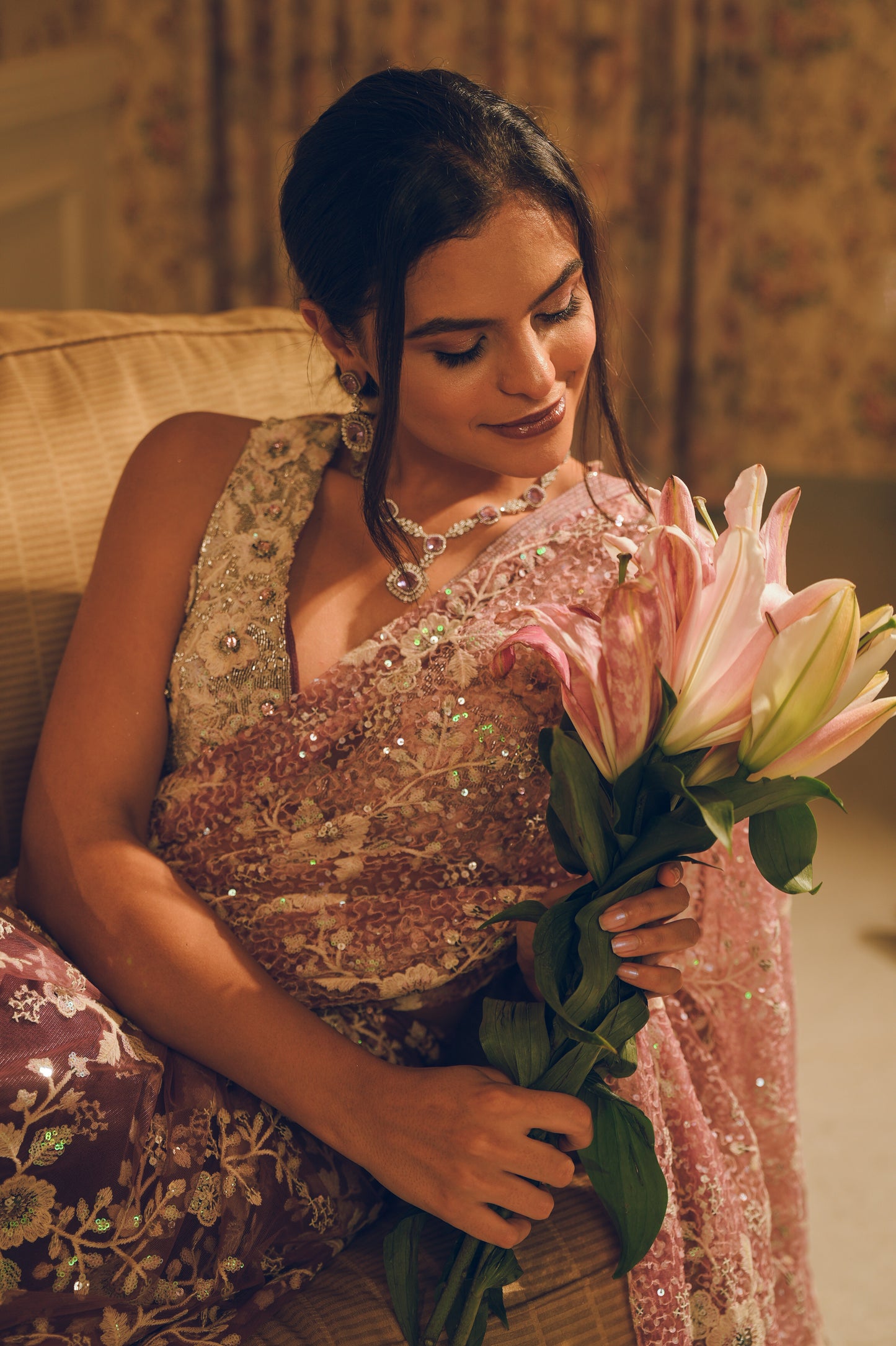 Lavender lilac embroidered saree