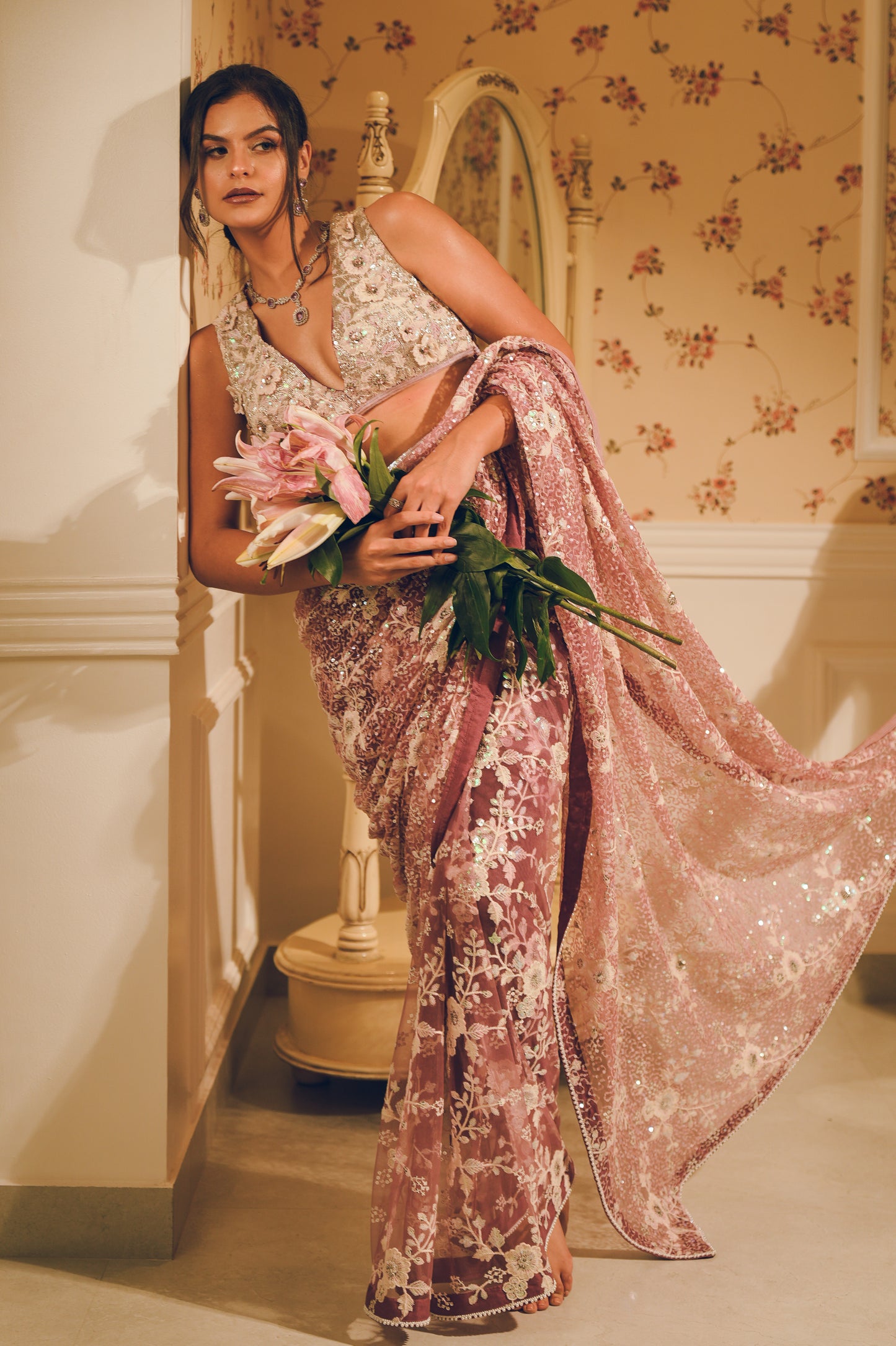 Lavender lilac embroidered saree