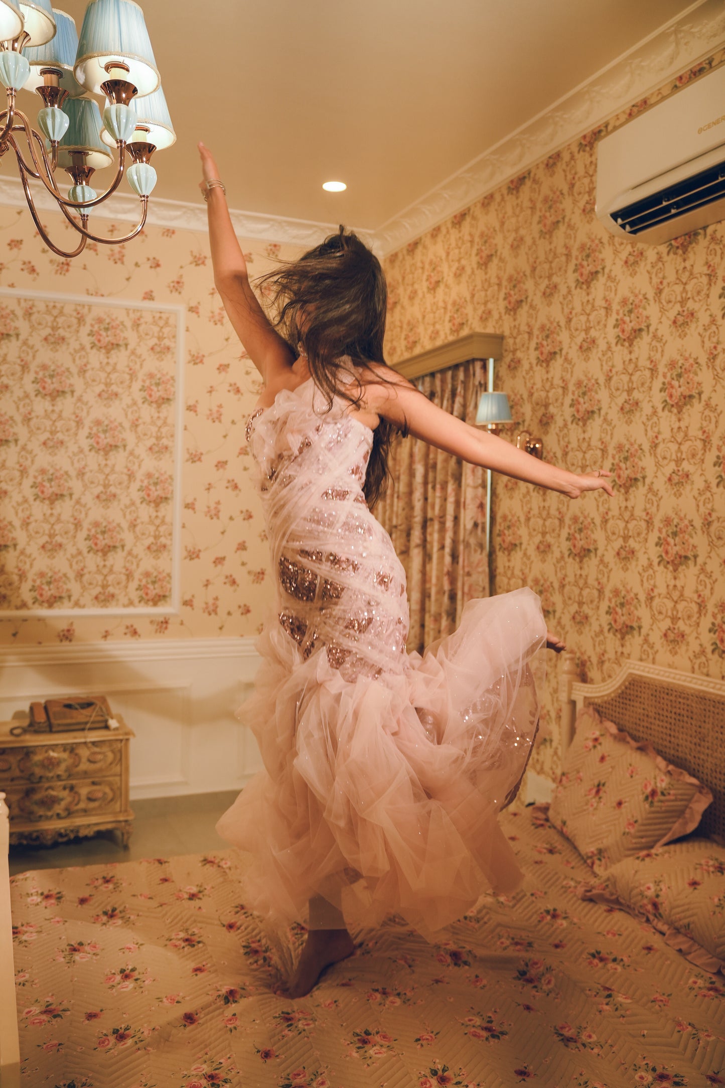 Pink draped stone embroidered evening gown