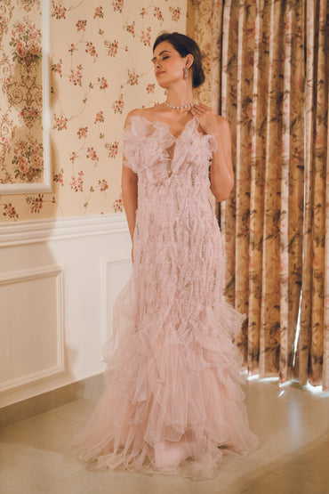 Lavender Lilac Draped embroidered evening gown