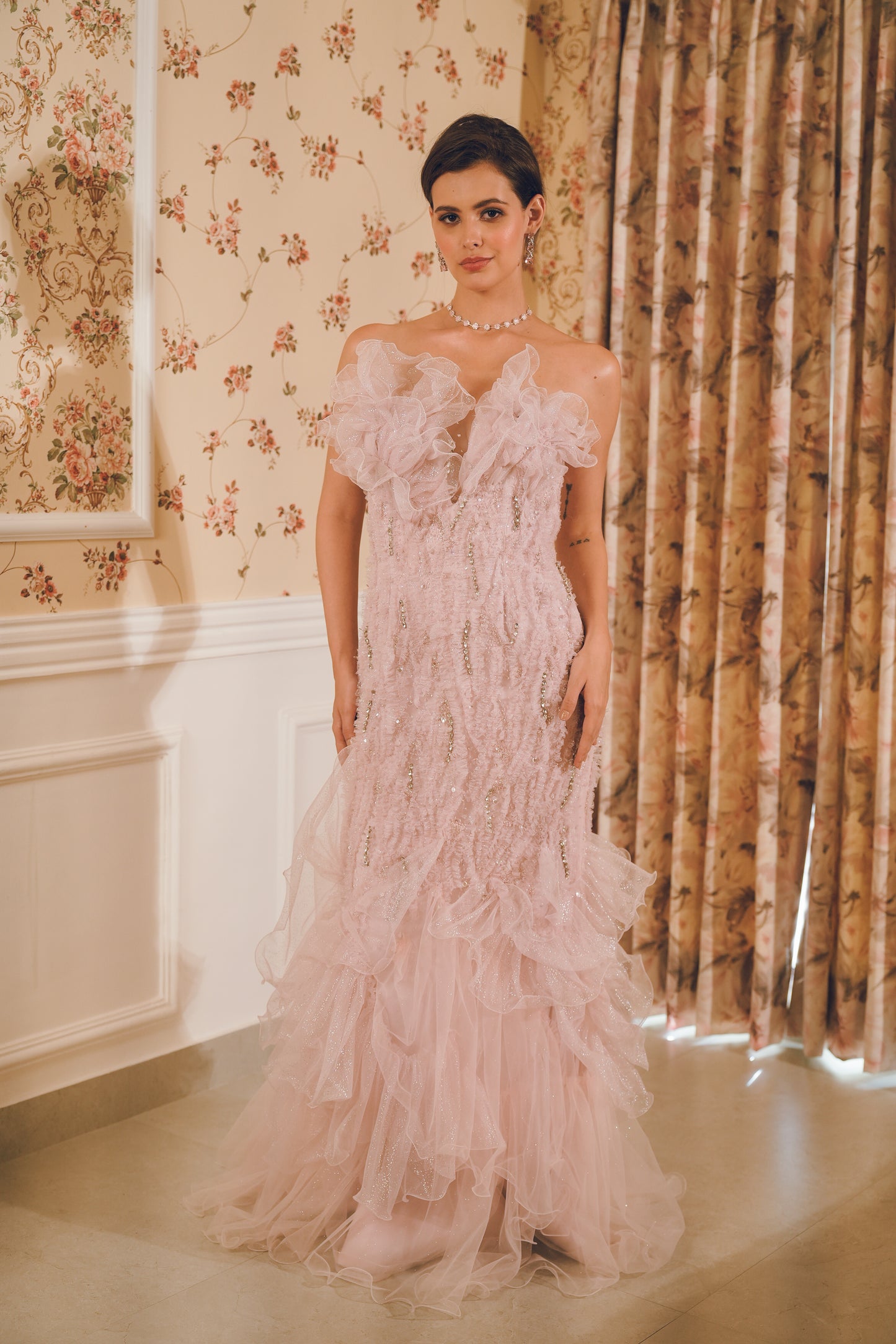 Lavender Lilac Draped embroidered evening gown