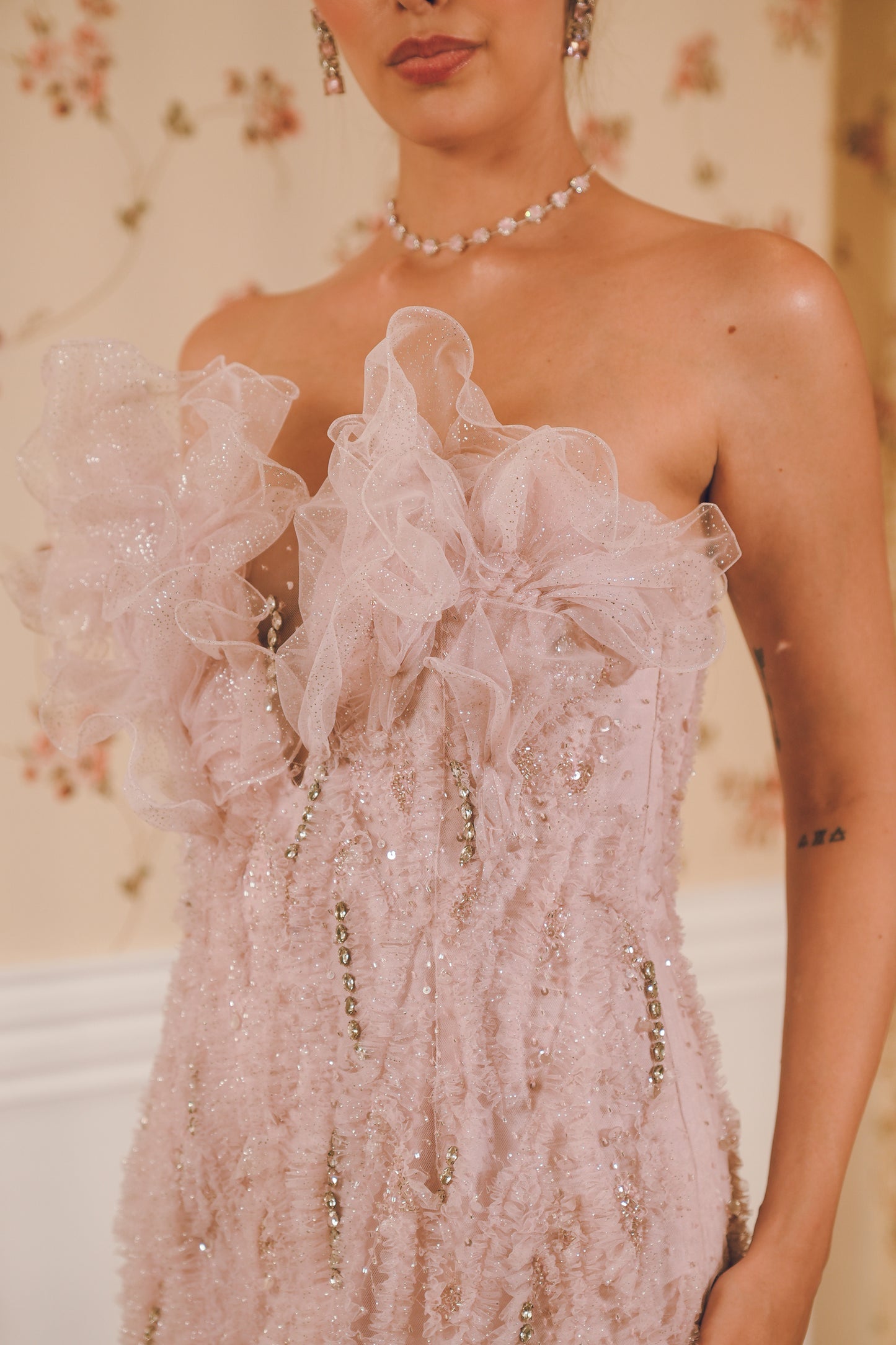 Lavender Lilac Draped embroidered evening gown