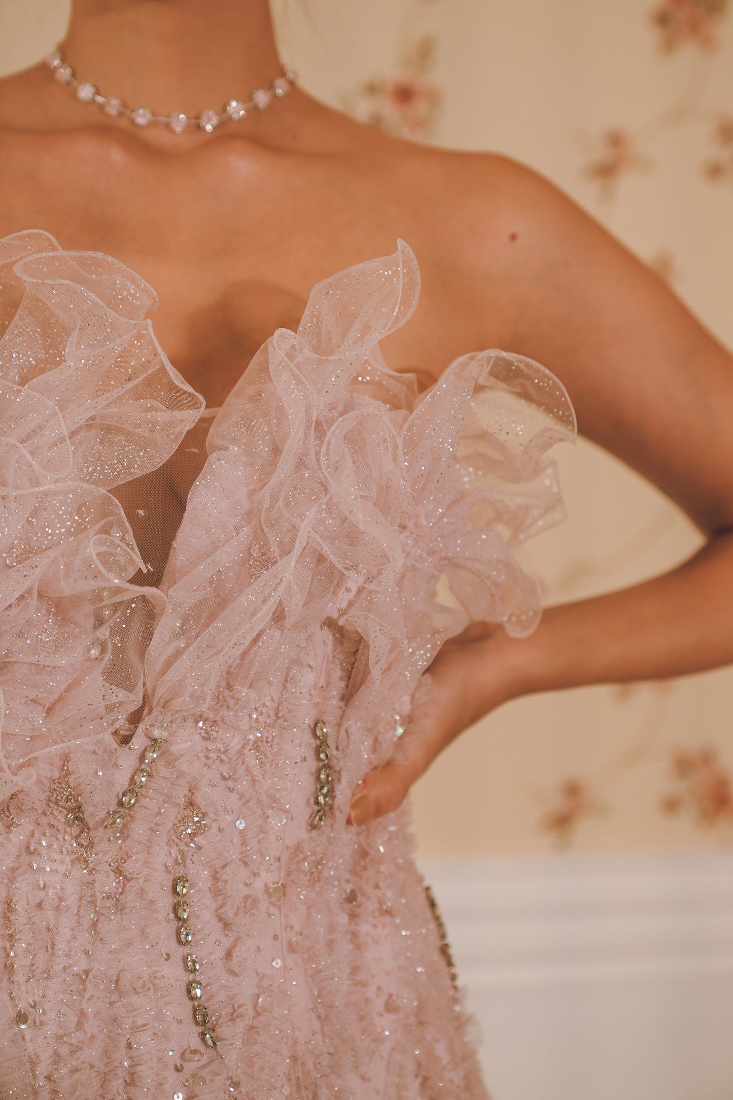Lavender Lilac Draped embroidered evening gown