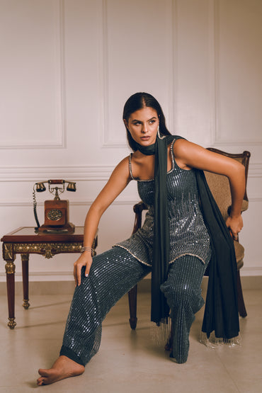 Dark grey blue embroidered kurta pants set