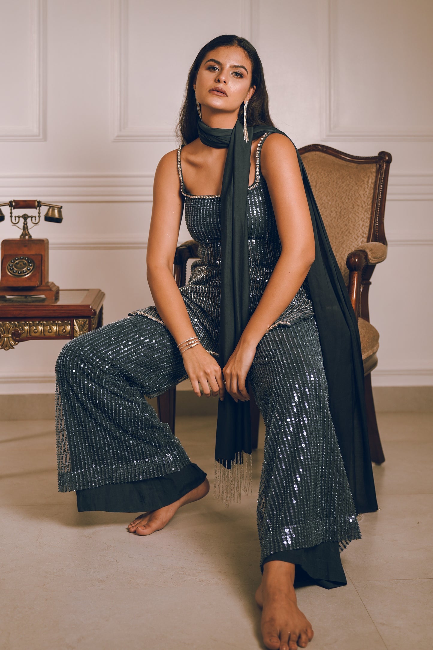 Dark grey blue embroidered kurta pants set