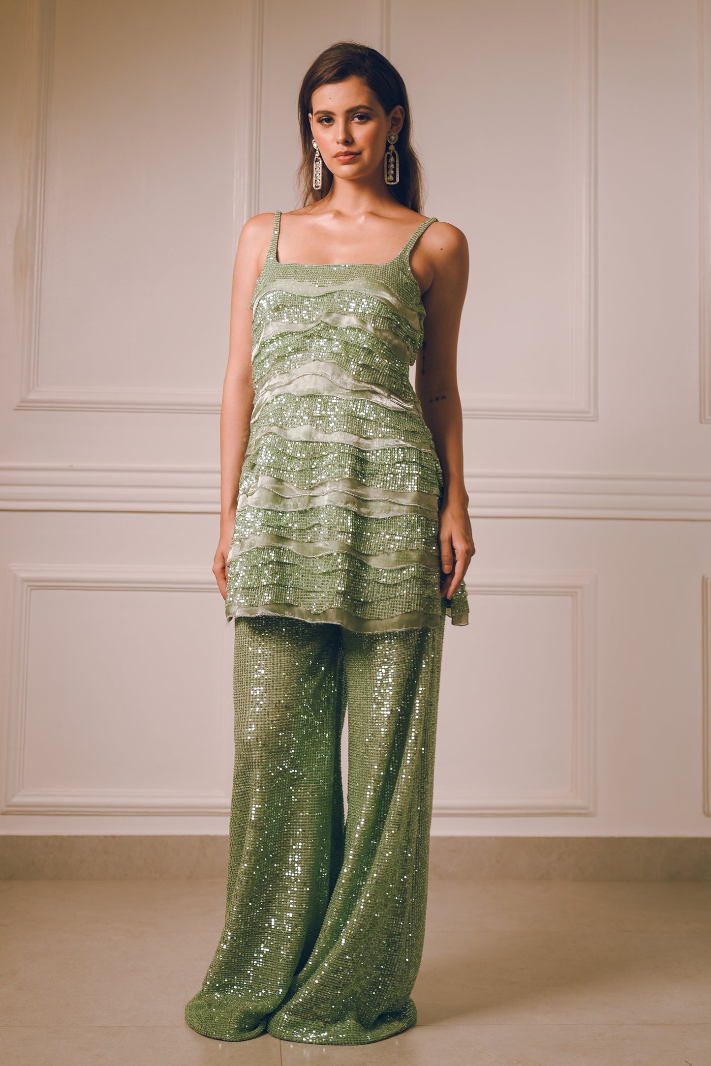 Pista Green layered sequins Kurta pants set