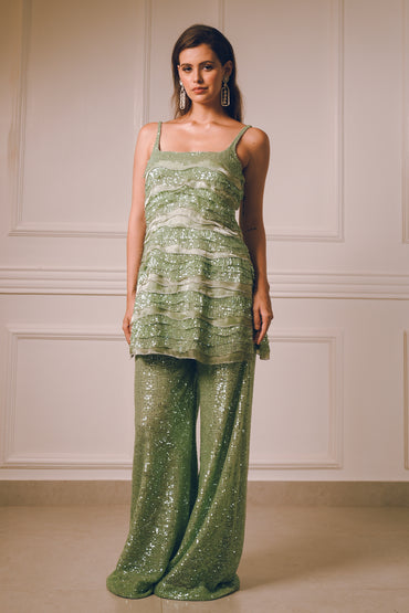 Pista Green layered sequins Kurta pants set