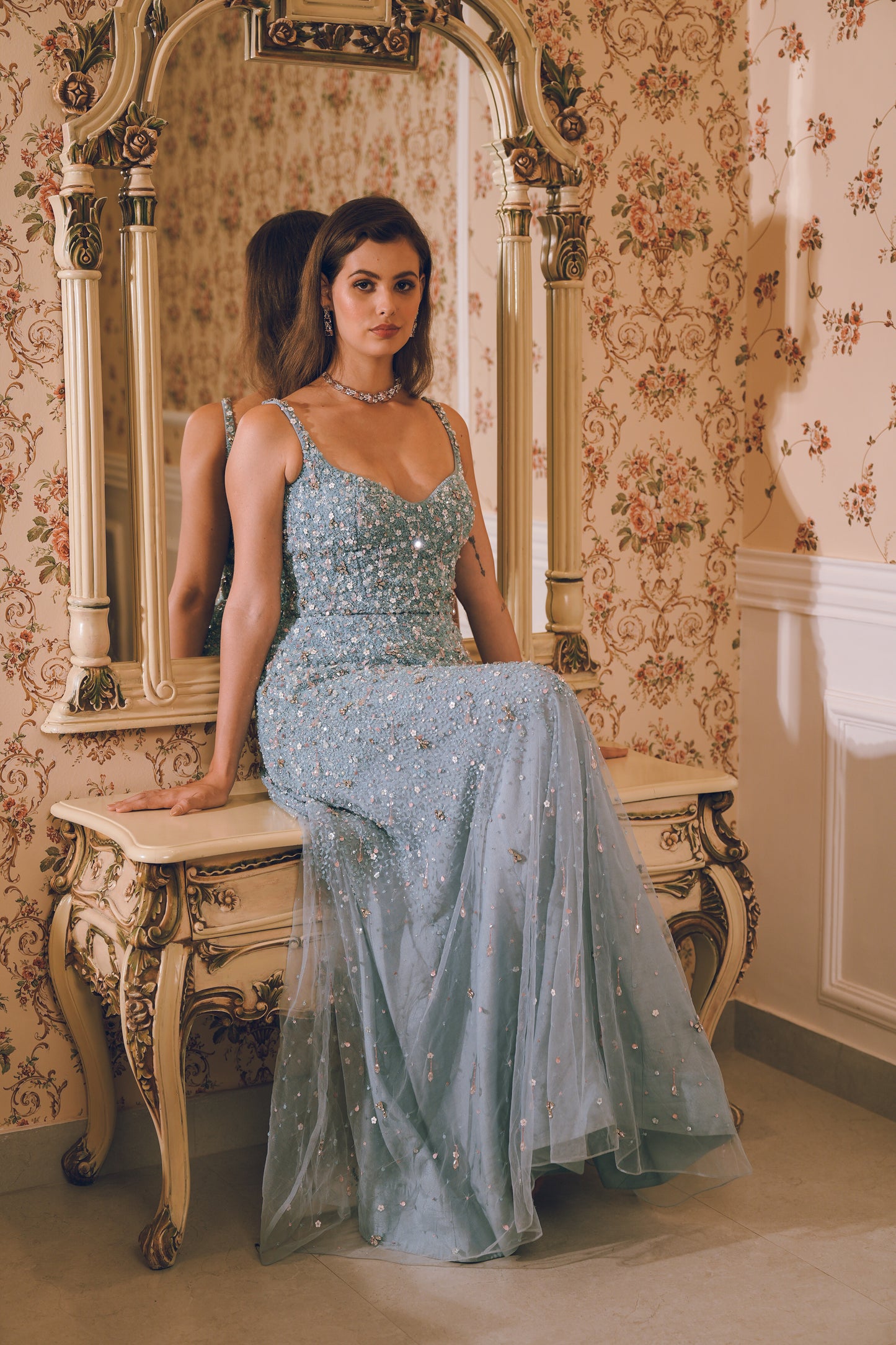 Light blue embroidered short dress gown combo