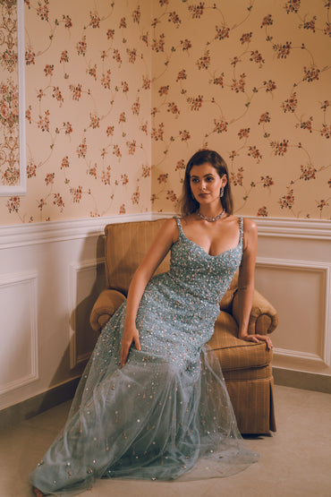 Light blue embroidered short dress gown combo