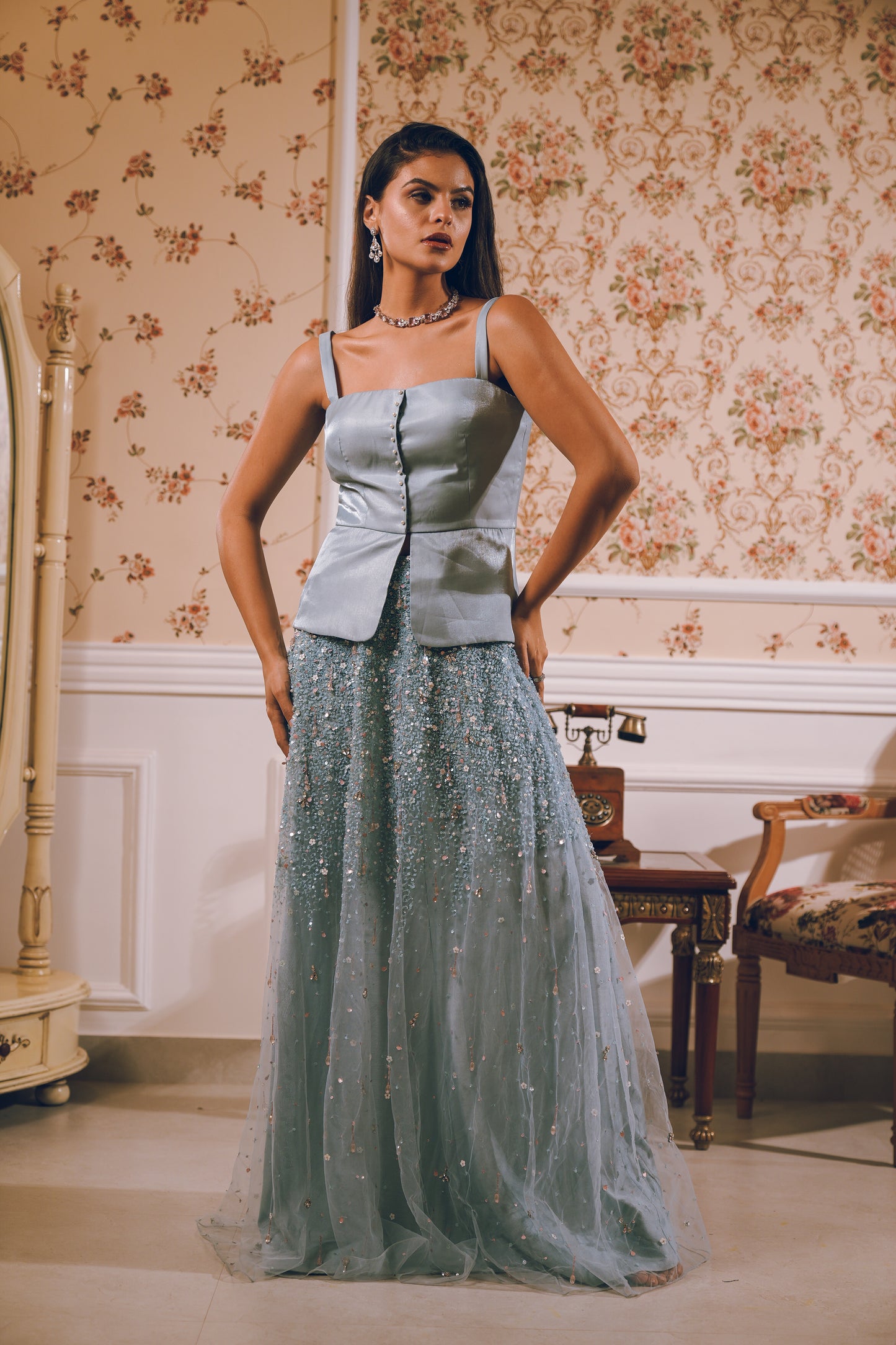 Light blue embroidered skirt satin top combo