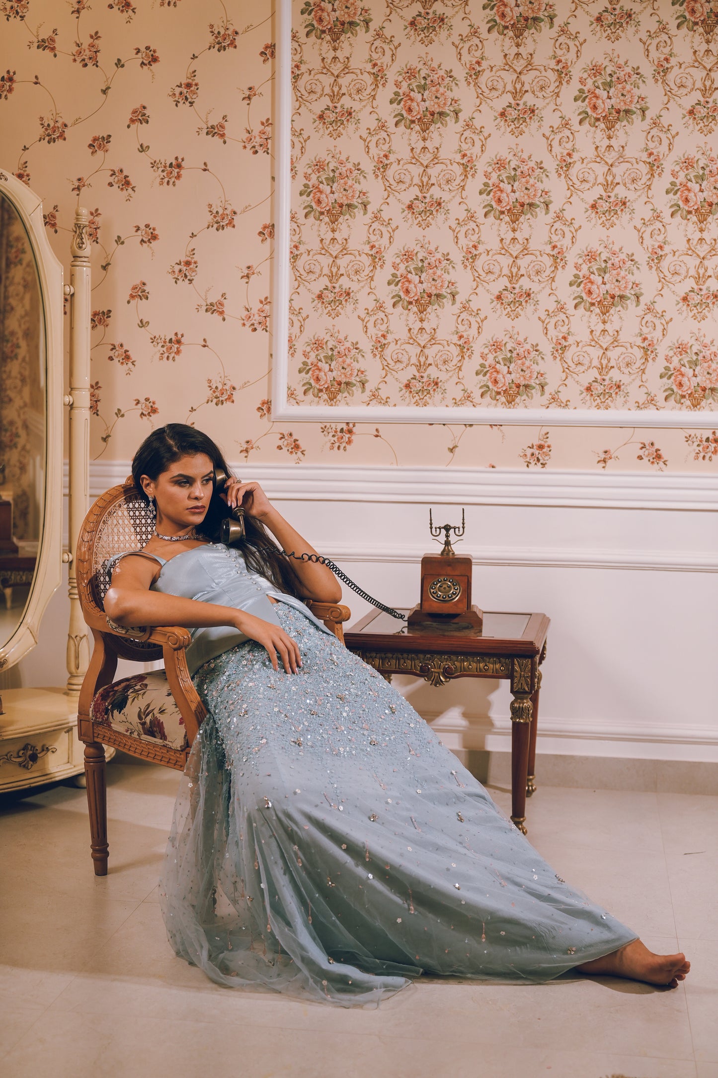 Light blue embroidered skirt satin top combo