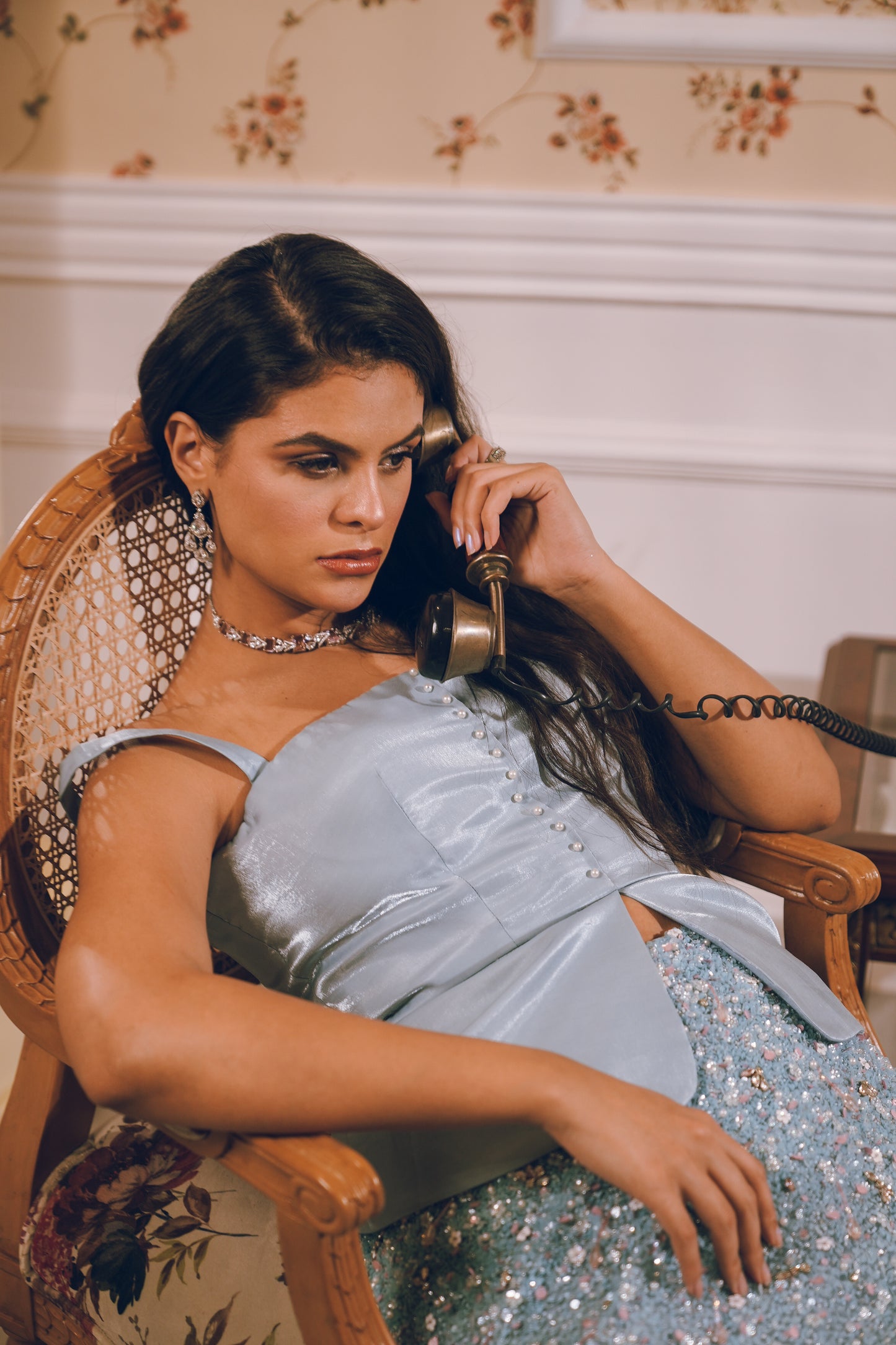 Light blue embroidered skirt satin top combo