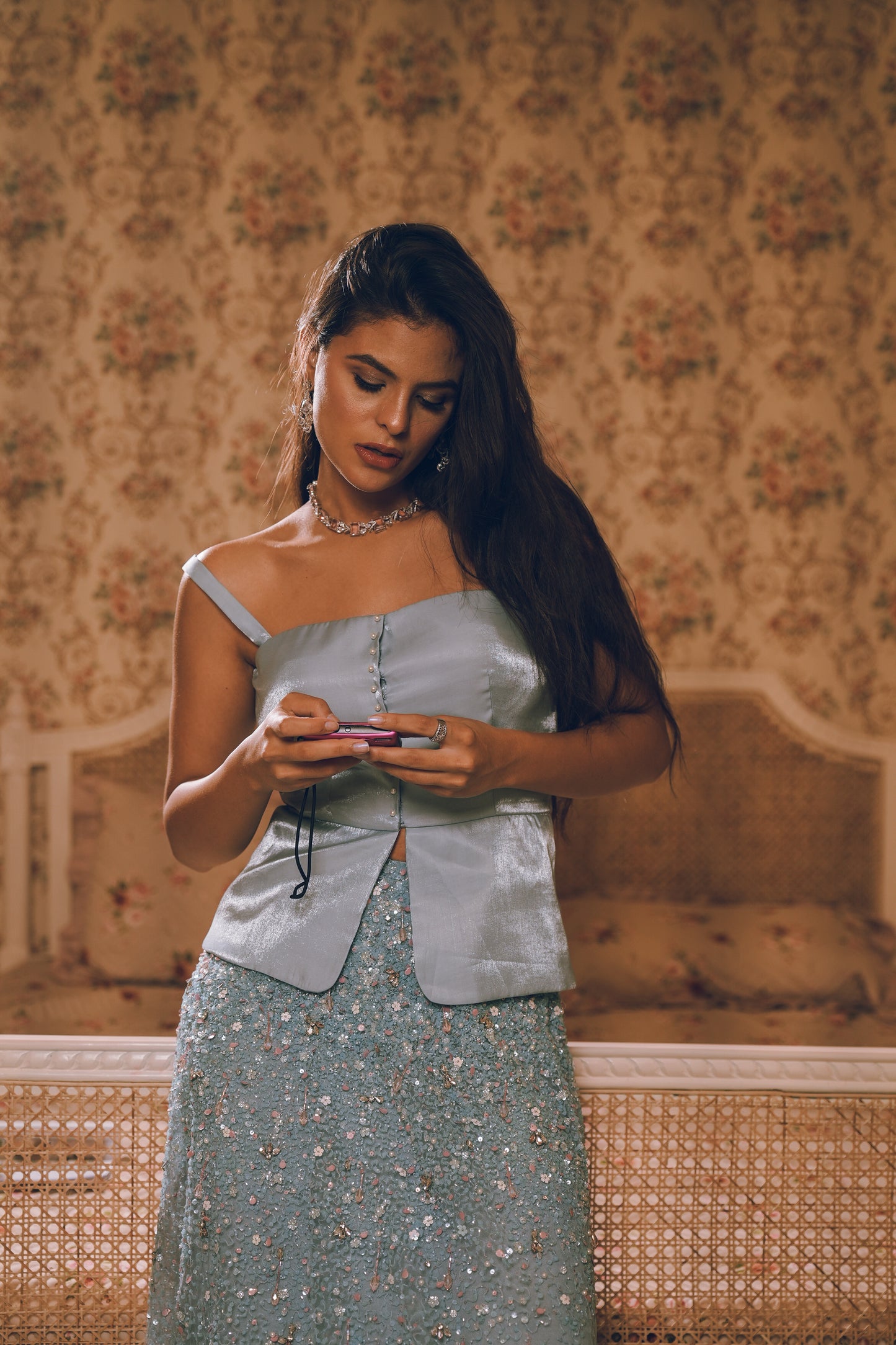 Light blue embroidered skirt satin top combo