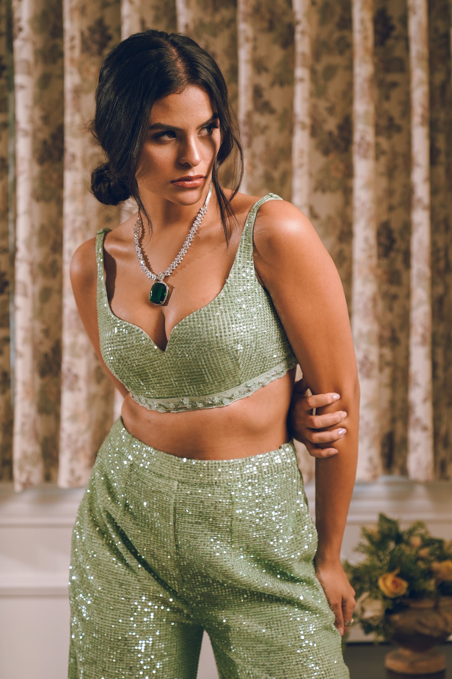 Pista Green sequins feather embroidered shrug set