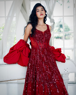 Arunodaya Red Embroidered Gown set with Cape