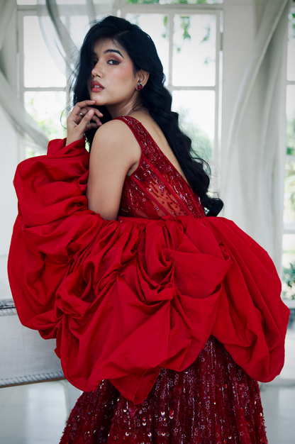 Arunodaya Red Embroidered Gown set with Cape