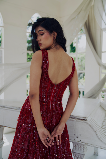 Arunodaya Red Embroidered Gown set with Cape