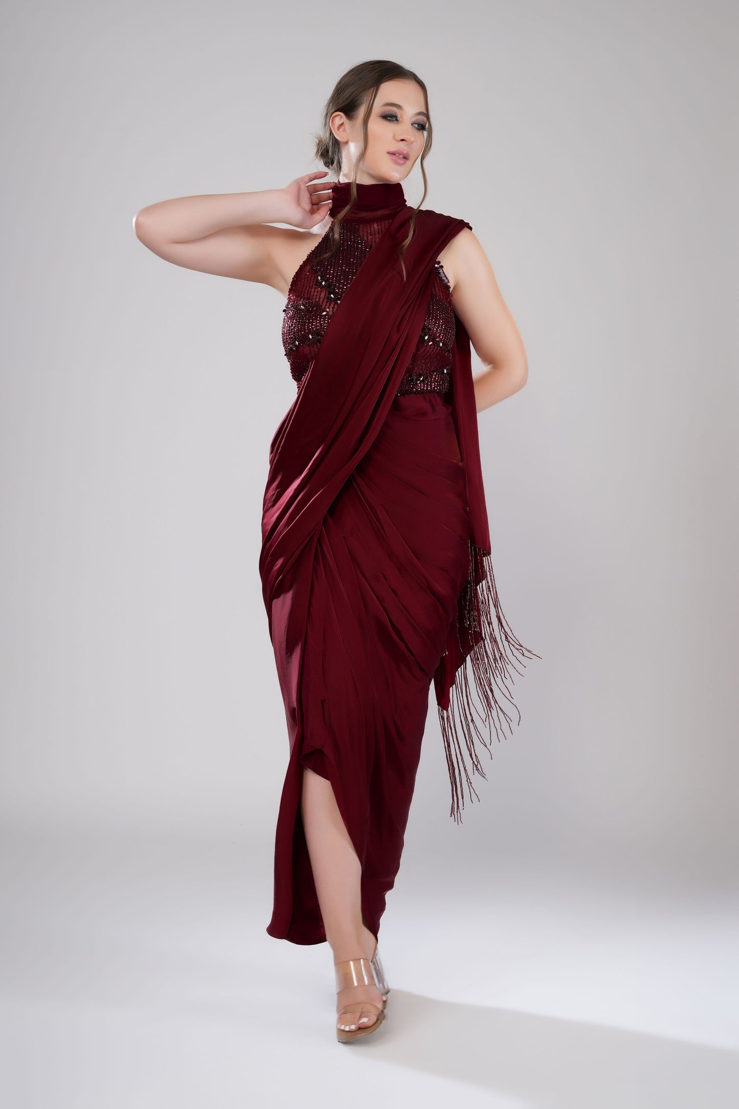 Red embellished draped saree