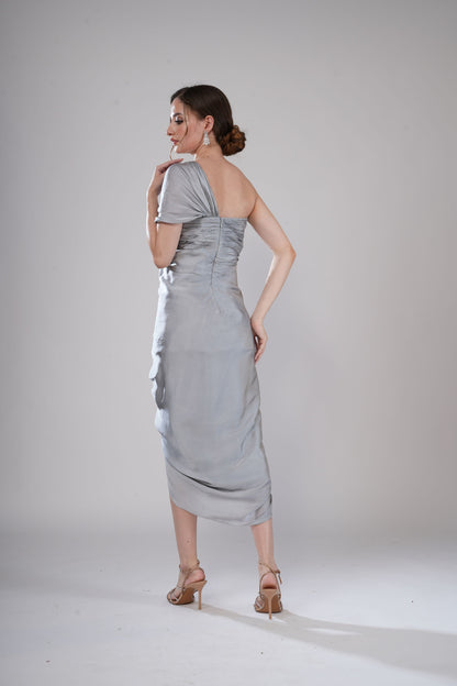 Grey One-Shoulder draped Evening Dress