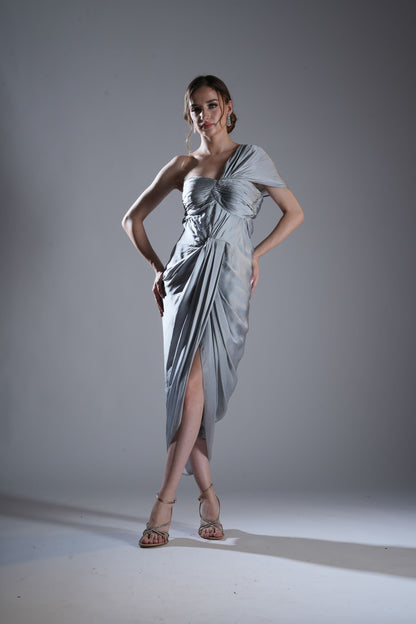 Grey One-Shoulder draped Evening Dress