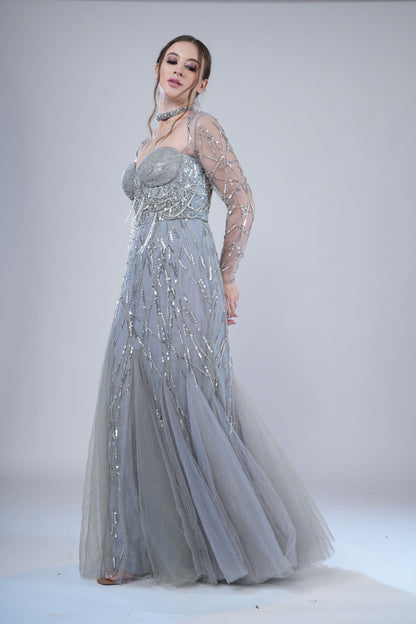 Silver Sweetheart Neckline Evening Gown with Sheer Sleeves
