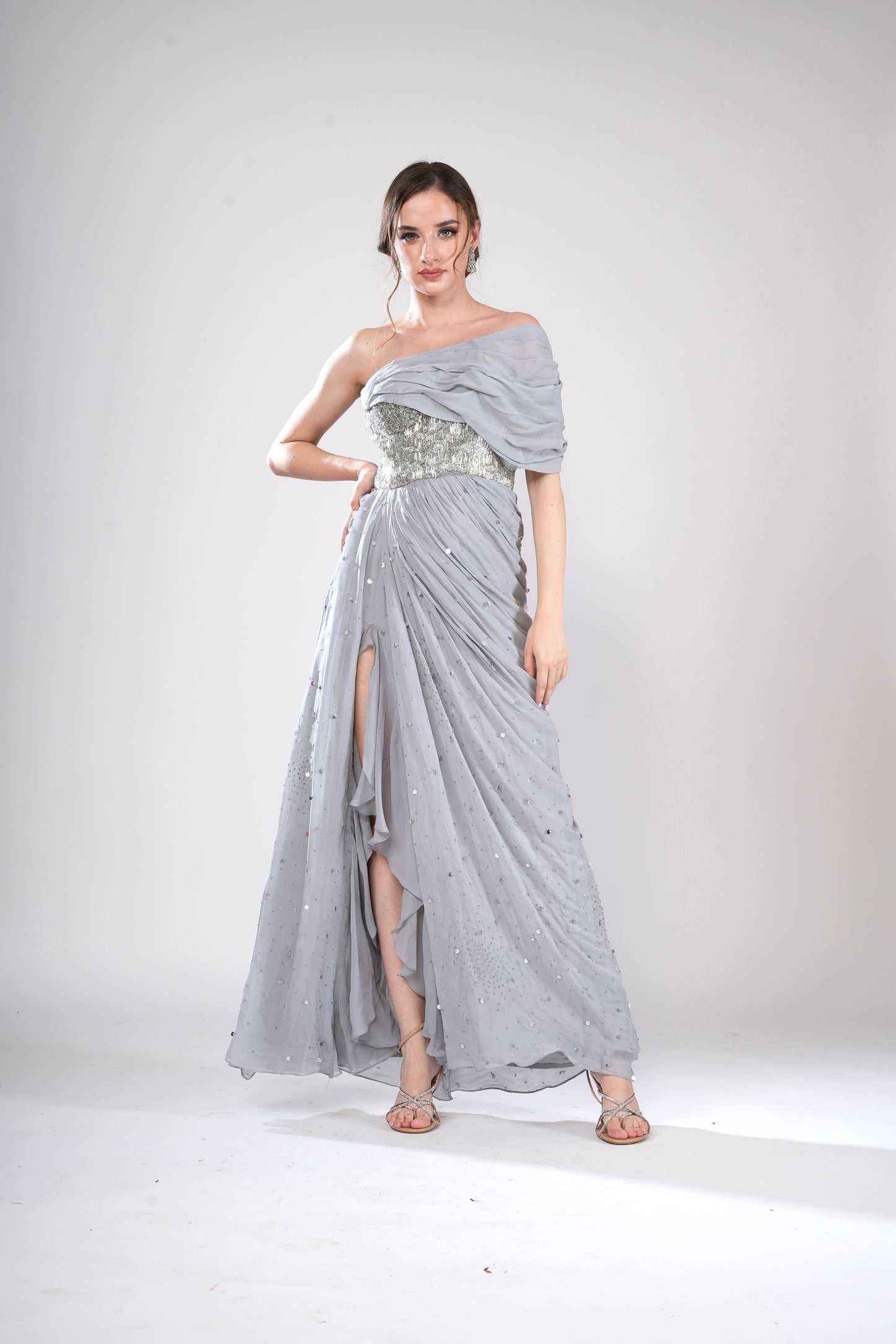 Silver Off-Shoulder draped Evening Gown with Ruffles and High Slit