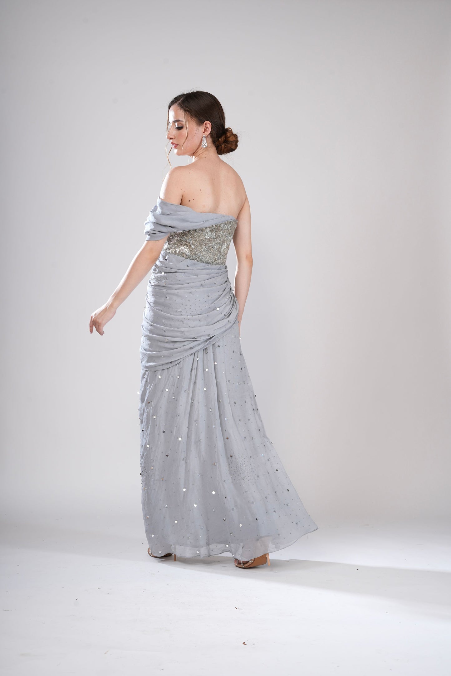 Silver Off-Shoulder draped Evening Gown with Ruffles and High Slit