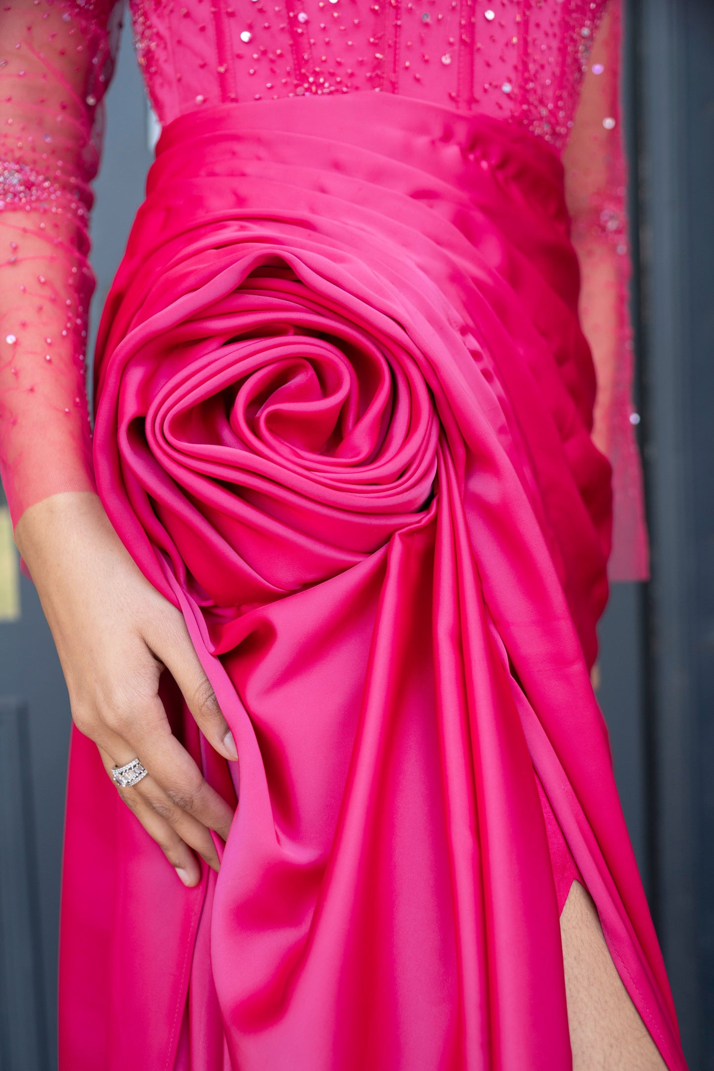 Fuchsia Embellished Draped Evening Gown