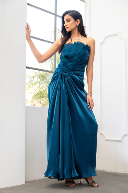 Teal draped evening gown
