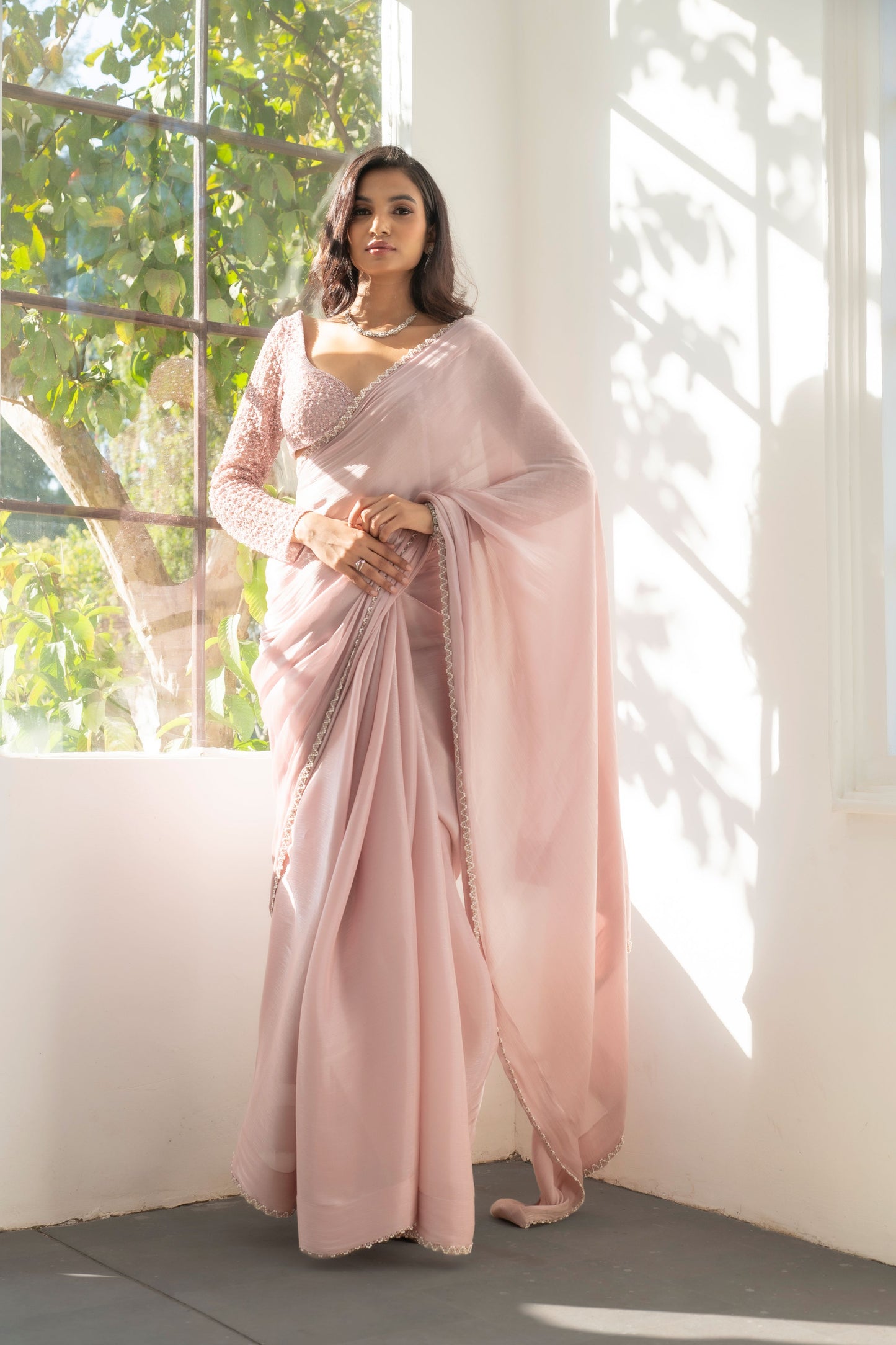 Pink embroidered saree