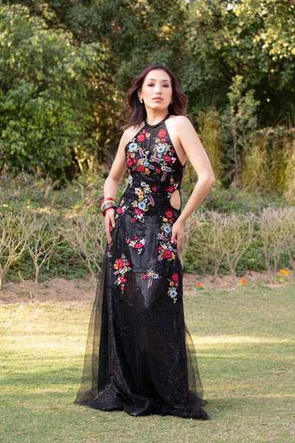Black multicolored embroidered halter neck evening gown
