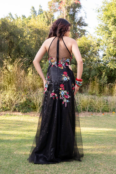 Black multicolored embroidered halter neck evening gown
