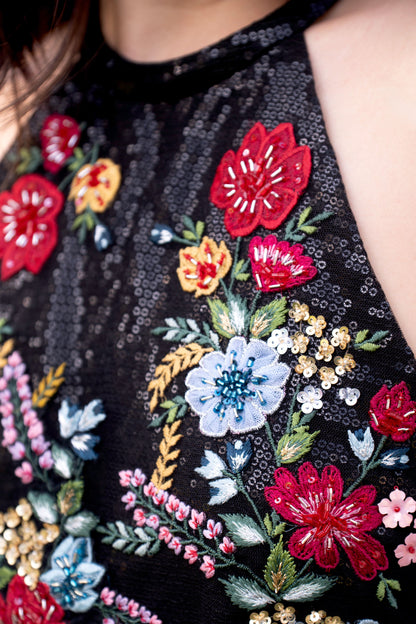 Black multicolored embroidered halter neck evening gown