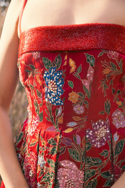 Red hand painted embroidered pleated short dress