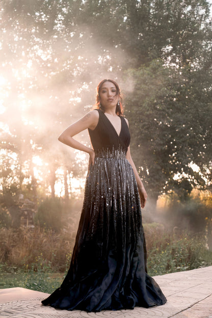 Black embroidered gown