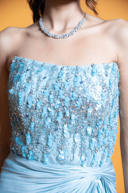 Sky blue embroidered draped evening gown