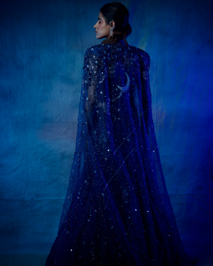 Nishabd Blue Embroidered Fishcut Gown with Cape set