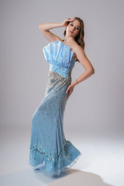 Light Blue Mermaid Evening Gown with Asymmetric Bodice