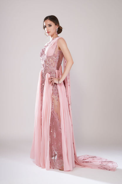 Pink One-Shoulder Pleated Evening Gown