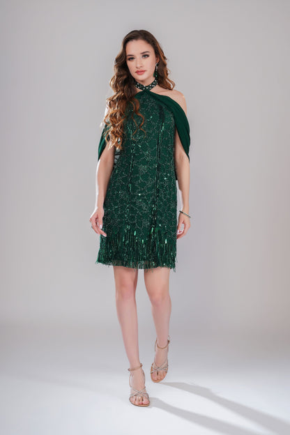 Emerald Green Off-Shoulder Embellished Party Short Dress