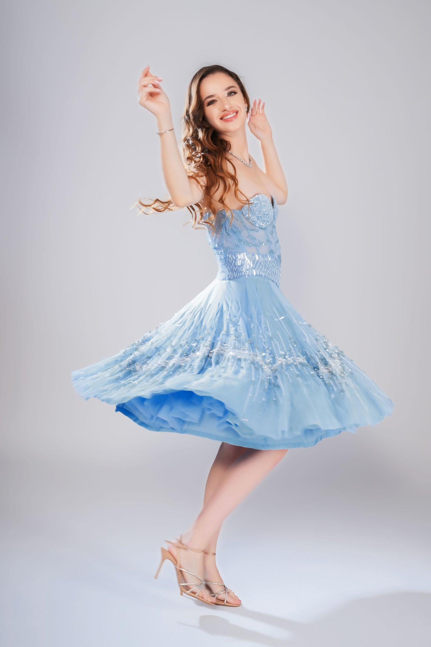 Light Blue Beaded Sweetheart Midi Dress