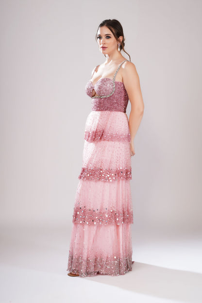 Pink Sweetheart Neckline Tiered Evening Gown