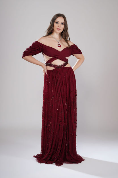 Dark Red Off-Shoulder Evening Gown with Crisscross Bodice