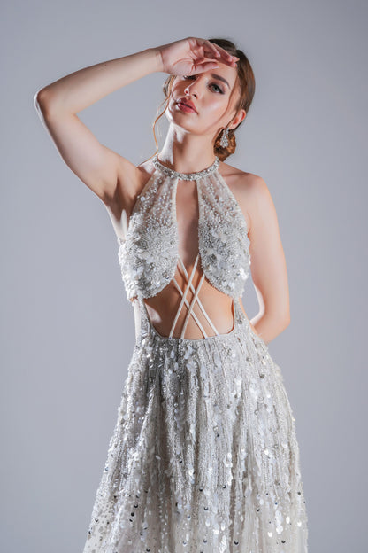 White Halter neck Embroidered Evening Gown