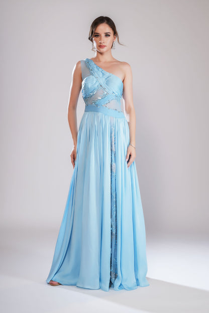 light blue One-Shoulder draped Embellished Evening Gown