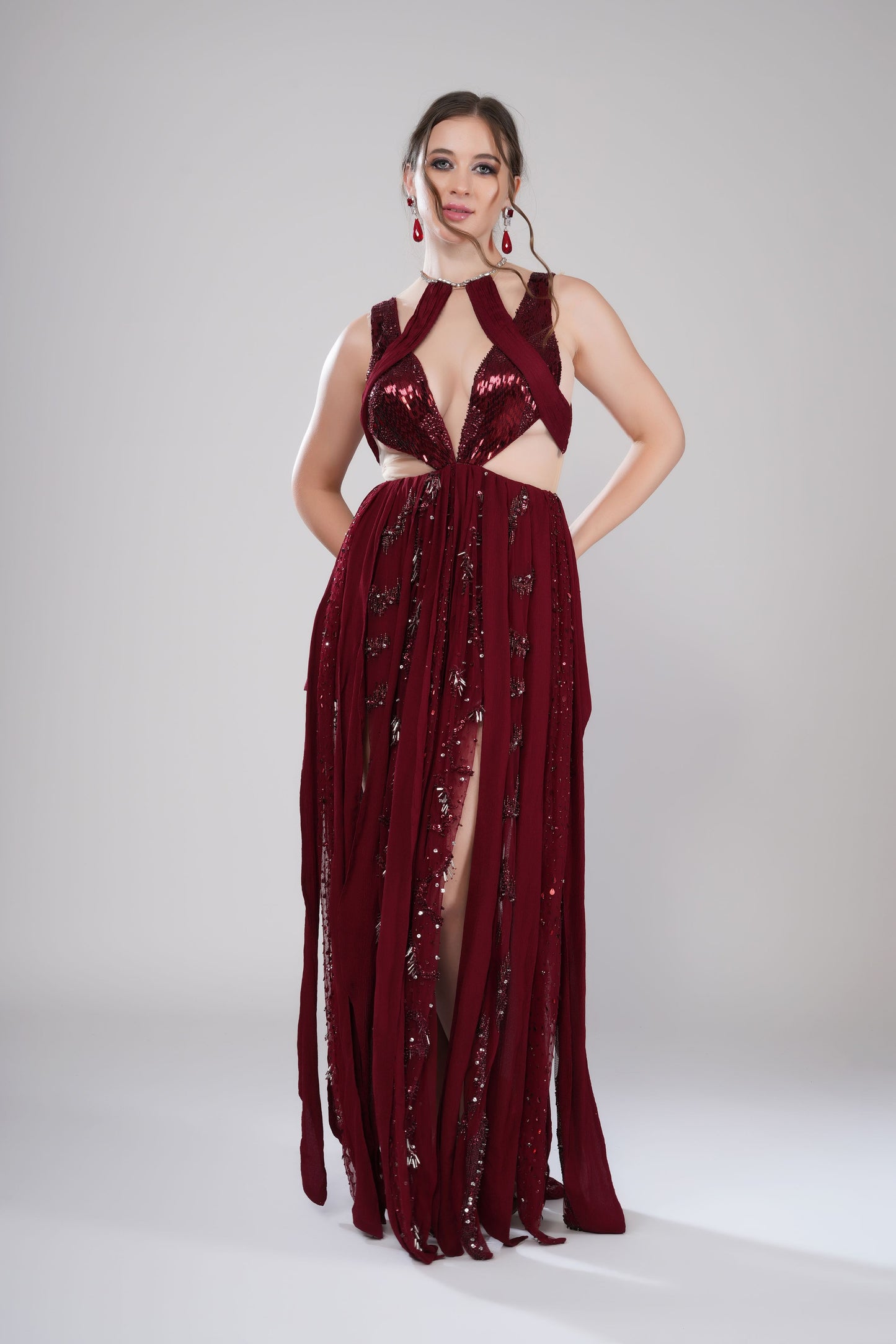 Red Crisscross Bodice Evening Gown with Sheer Panels