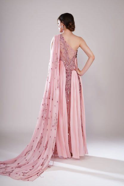 Pink One-Shoulder Pleated Evening Gown