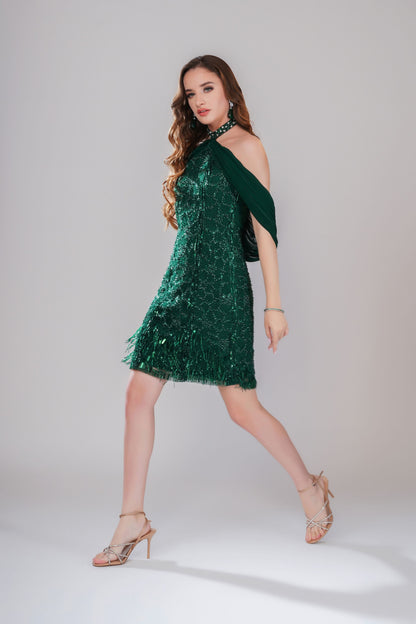 Emerald Green Off-Shoulder Embellished Party Short Dress