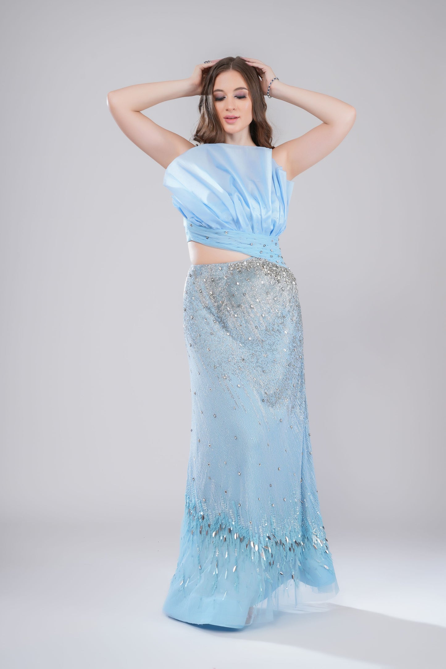 Light Blue Mermaid Evening Gown with Asymmetric Bodice