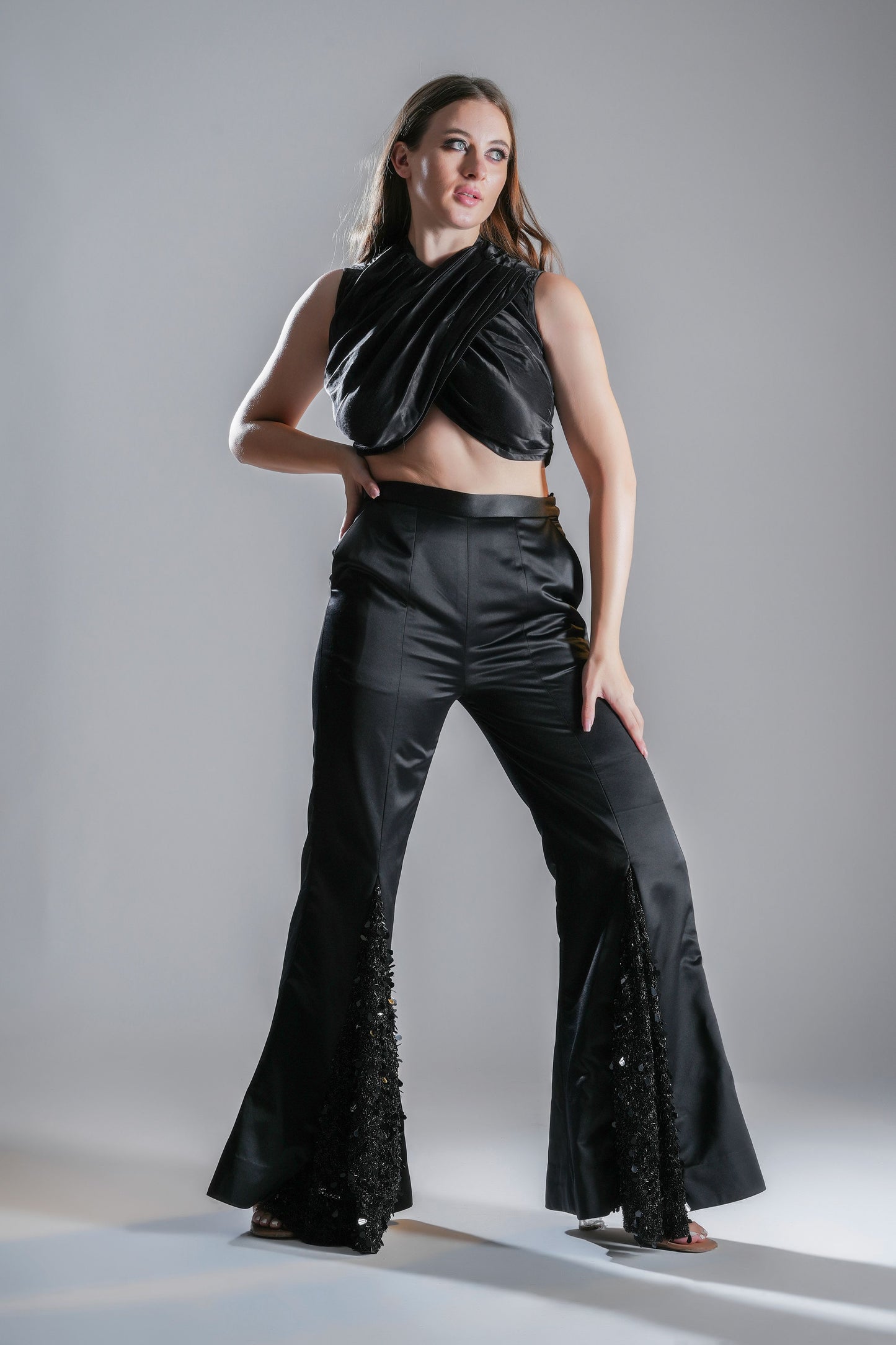 Black Embellished Co-ord Set with Crop Top and Flared Pants